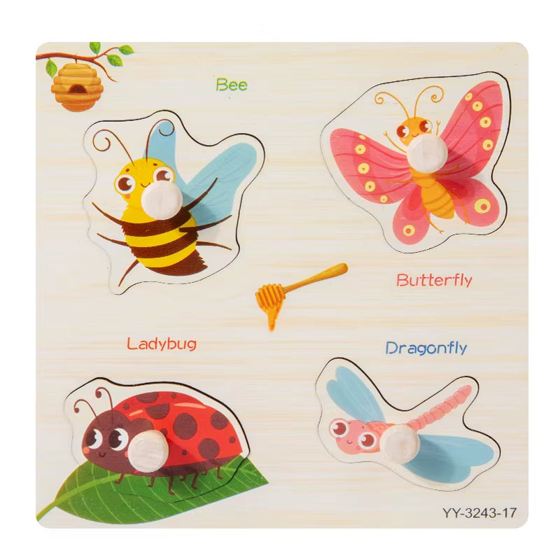 Wooden Mini Cartoon Animal Vehicle Pegged Puzzles Baby Montessori Plywood Early Educational Learning Toys for Kids Boys Girls